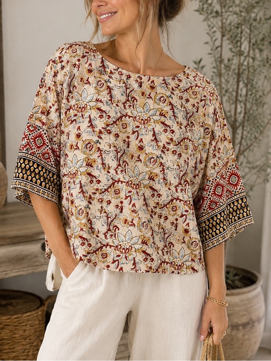 Pure Jill Tops - Pure Jill • J. Jill • Organic Cotton Kalamkari Boatneck Kimono Top